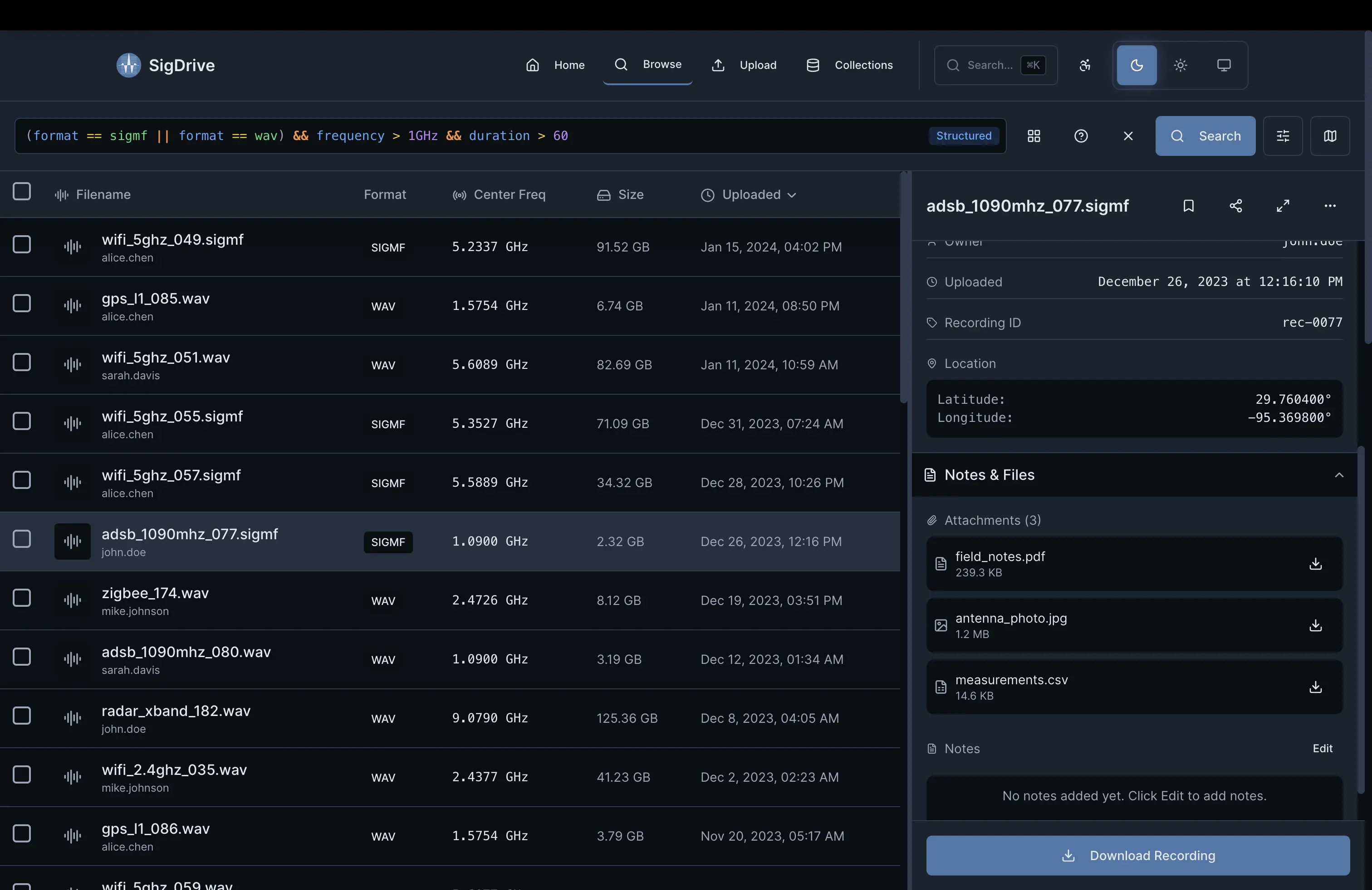 SigDrive platform interface showing RF data browser with file list, query bar, and metadata panel